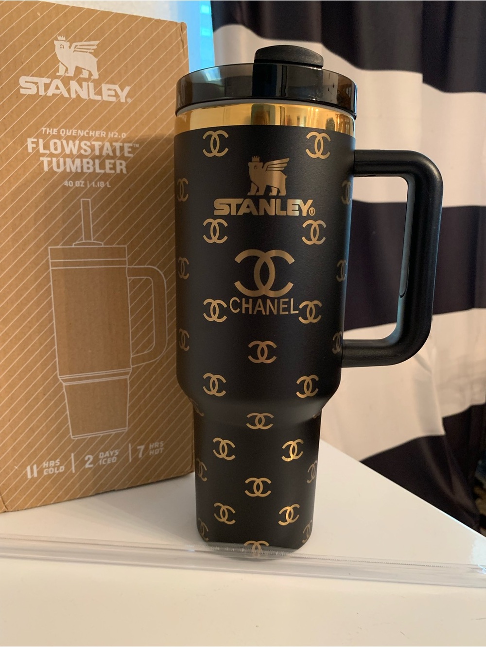 NEW! Stanley Black and Gold Chanel Logo-Pattern FlowState 40oz. Tumbler